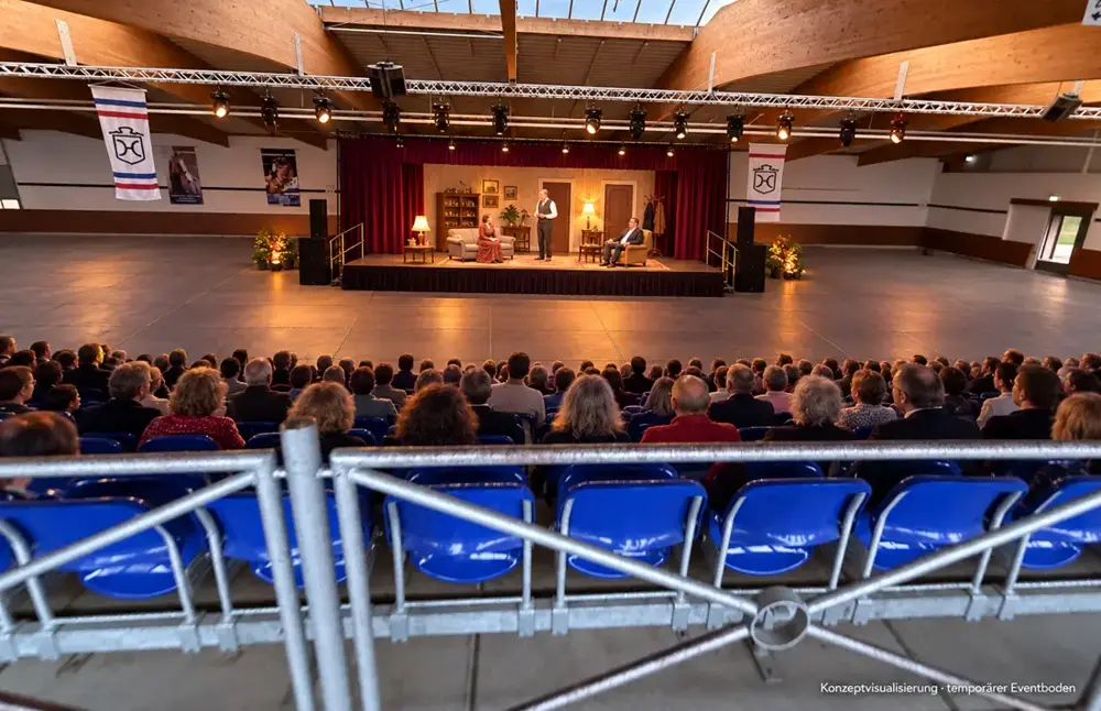 Konzeptvisualisierung: Bühne in der Fritz-Thiedemann-Halle Elmshorn, Publikum auf der blauen Tribüne