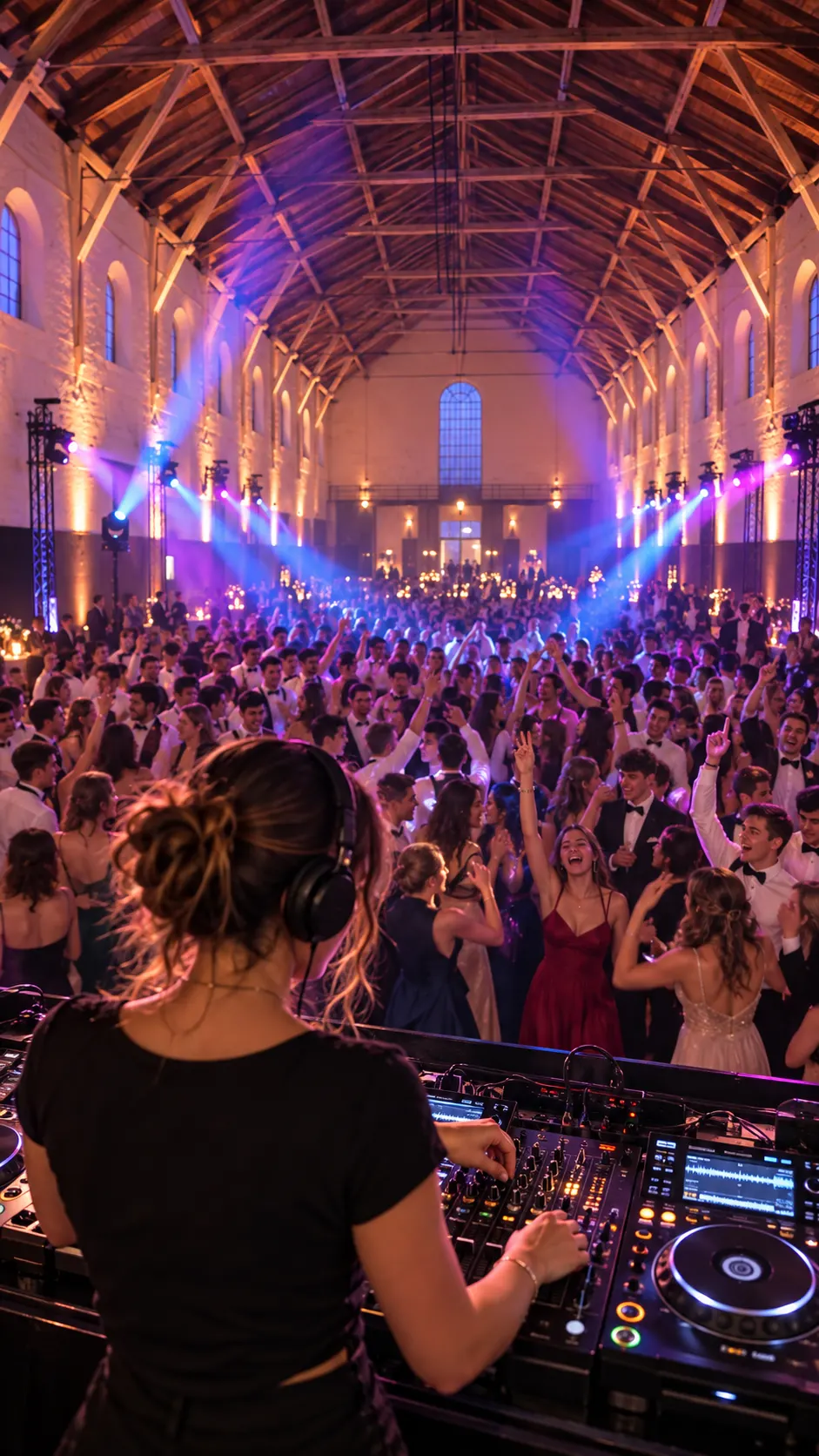 Gestaltungsentwurf: DJ-Pult vor dem feiernden Abiturjahrgang, farbige Lichtshow unter dem historischen Dachstuhl der Alten Reithalle