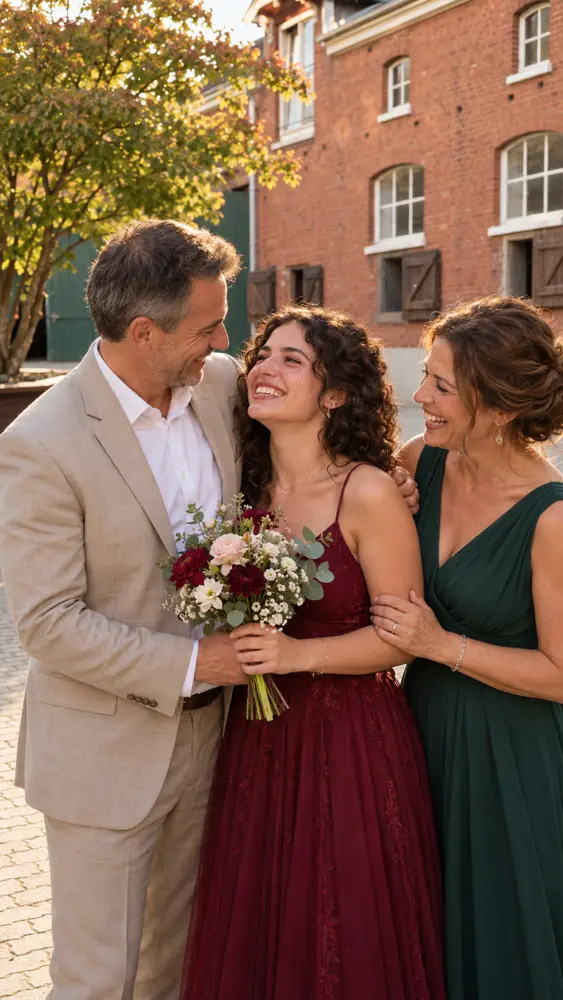Gestaltungsentwurf: Eltern gratulieren ihrer Tochter mit Blumenstrauß im Innenhof
