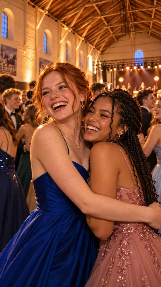 Gestaltungsentwurf: zwei Freundinnen umarmen sich lachend beim Abiball in der Alten Reithalle