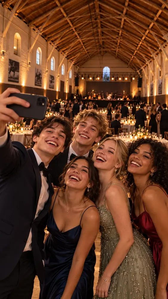 Gestaltungsentwurf: Freundesgruppe macht ein Selfie vor den Tafeln in der Alten Reithalle